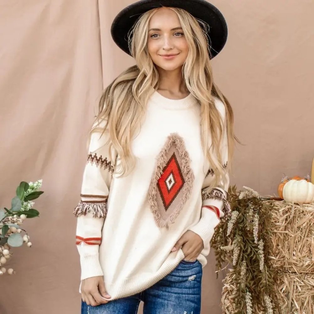 Aztec Print Tassel Detailed Sweater